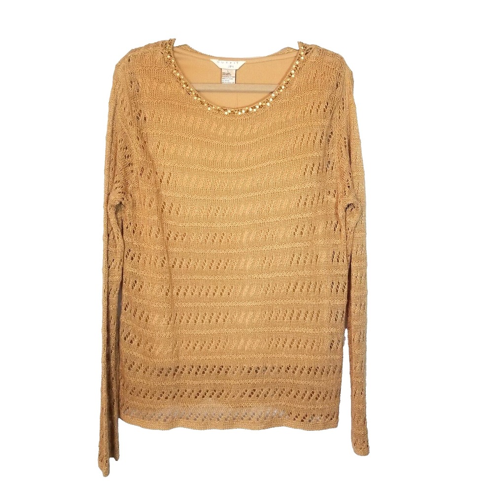 NWT Outfit JPR Open Weave Gold Sweater Sequin Round Neck Attached Tank‎ Sz Large